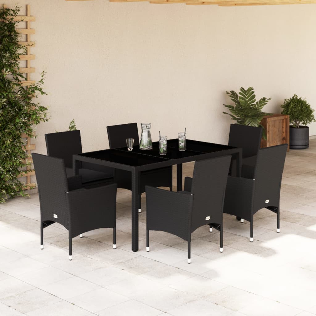Set Pranzo da Giardino 7 pz Nero con Cuscini Polyrattan Acacia - homemem39
