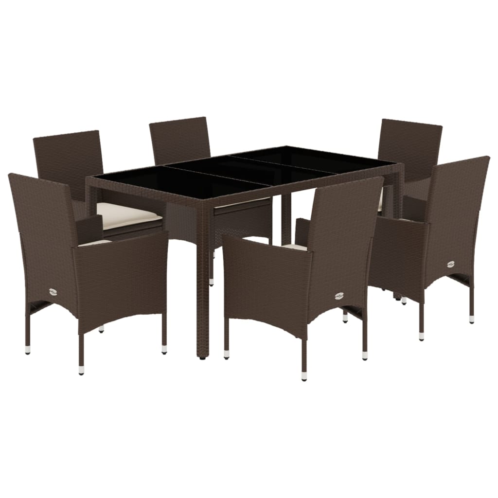 Set Pranzo da Giardino 7pz con Cuscini Marrone Polyrattan Vetro - homemem39