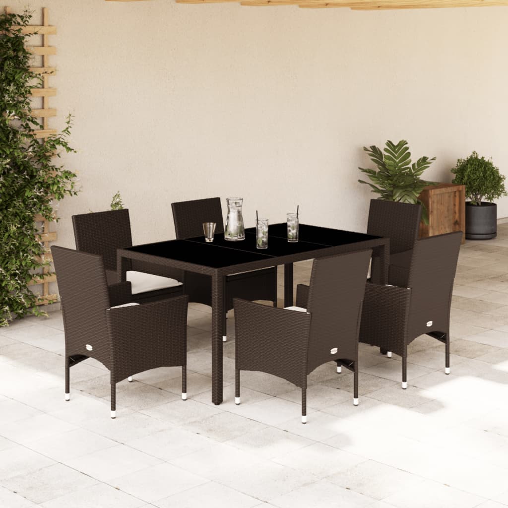 Set Pranzo da Giardino 7pz con Cuscini Marrone Polyrattan Vetro - homemem39