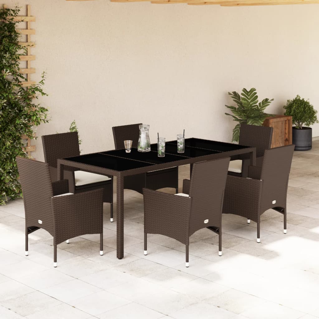 Set Pranzo da Giardino 7pz con Cuscini Marrone Polyrattan Vetro - homemem39