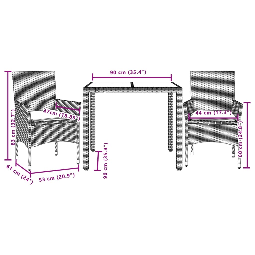 Set da Pranzo da Giardino 3pz con Cuscini in Polyrattan e Vetro | homemem39