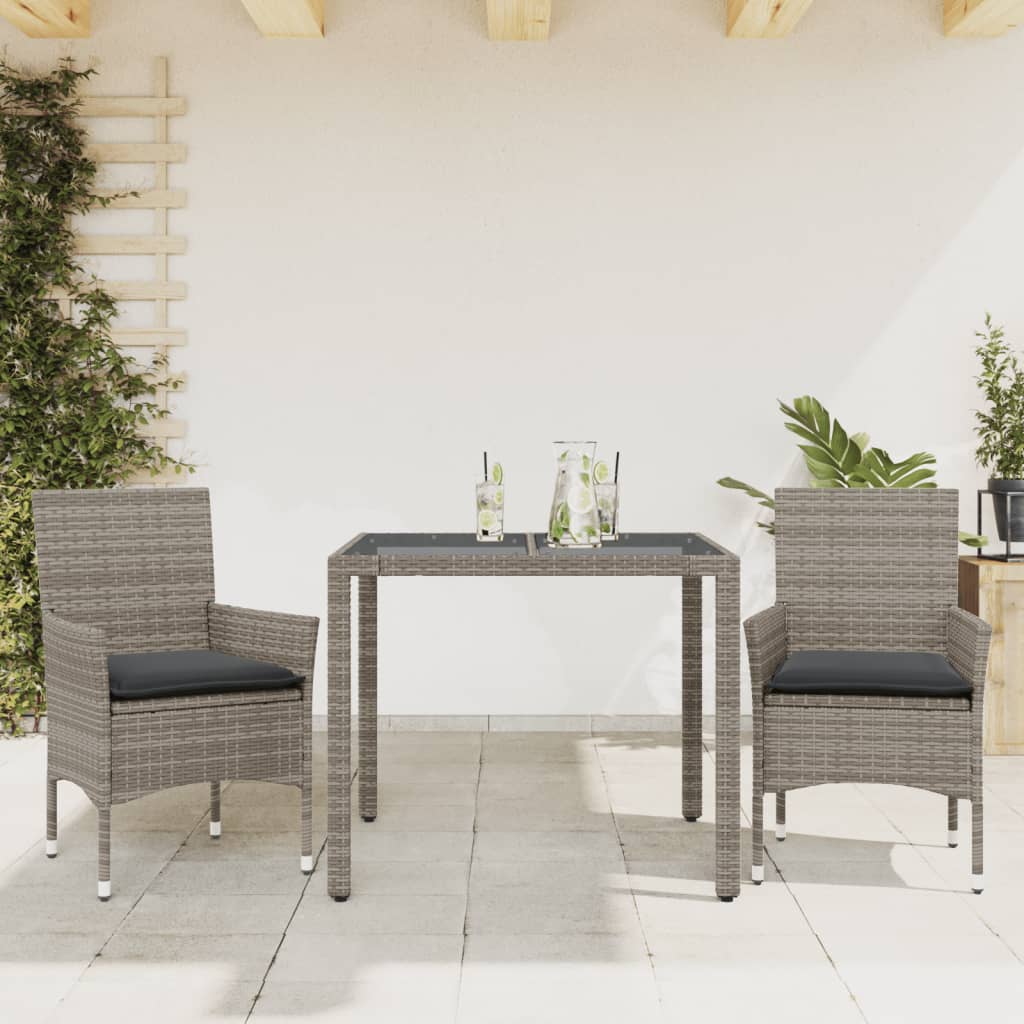 Set da Pranzo da Giardino 3pz con Cuscini in Polyrattan e Vetro | homemem39