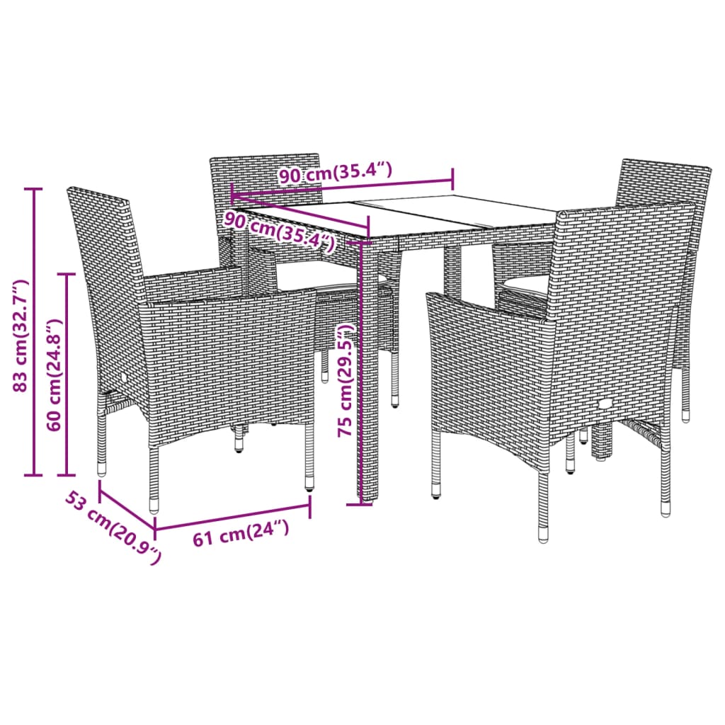 Set da Pranzo da Giardino 5 pz con Cuscini Polyrattan e Vetro | homemem39