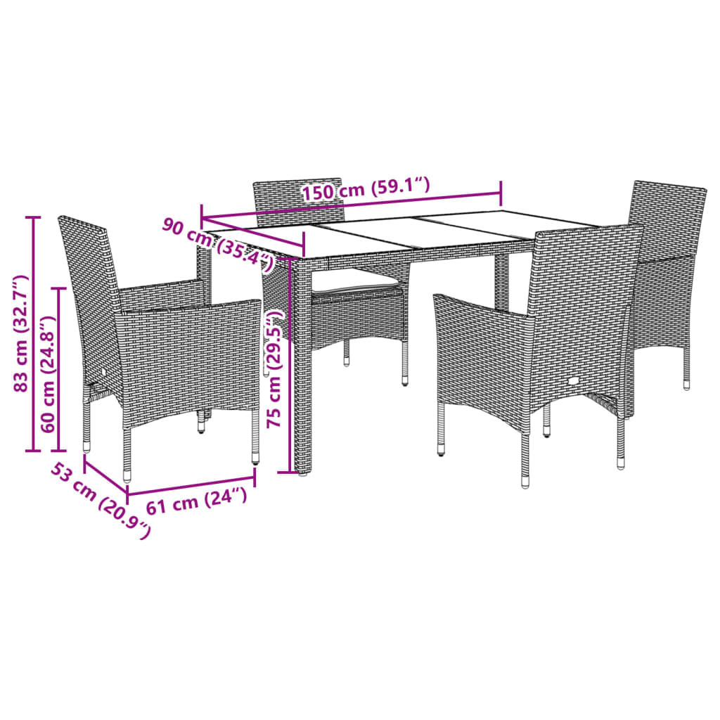Set da Pranzo da Giardino 5 pz con Cuscini Polyrattan e Vetro | homemem39