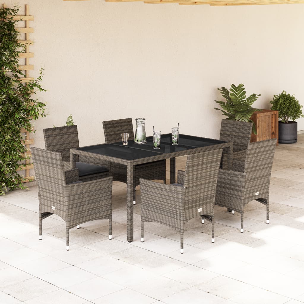 Set da Pranzo da Giardino 7 pz con Cuscini Polyrattan e Vetro - homemem39