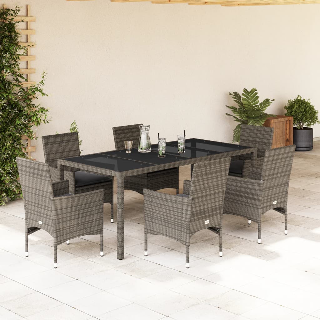 Set da Pranzo da Giardino 7 pz con Cuscini Polyrattan e Vetro | homemem39