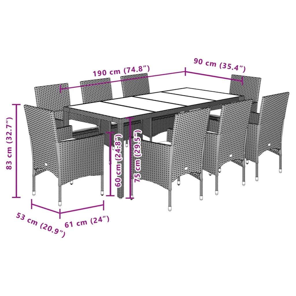 Set da Pranzo da Giardino 9 pz con Cuscini Polyrattan e Vetro | homemem39