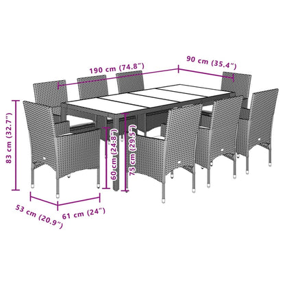 Set da Pranzo da Giardino 9 pz con Cuscini Polyrattan e Vetro | homemem39