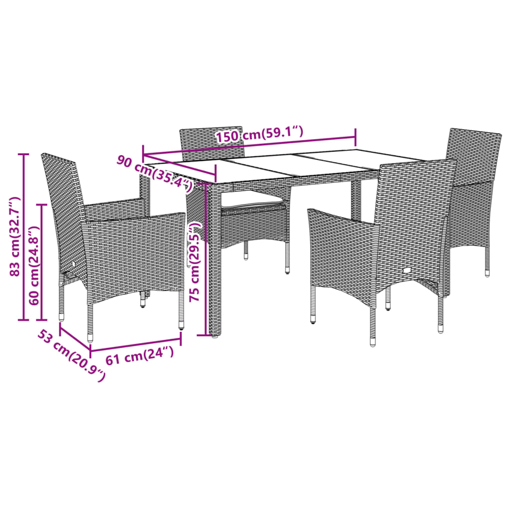 Set da Pranzo da Giardino 5 pz con Cuscini Polyrattan e Vetro - homemem39