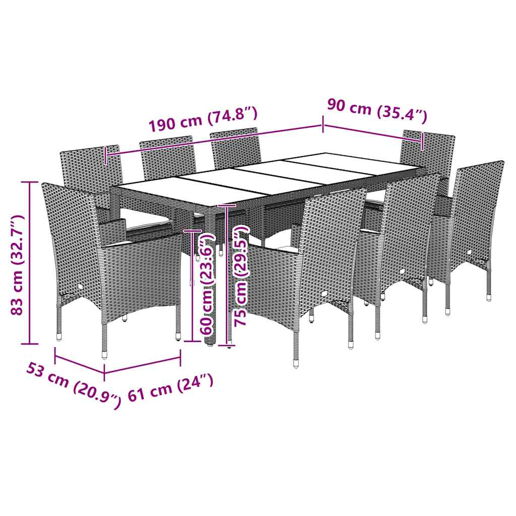 Set da Pranzo da Giardino 9 pz con Cuscini Polyrattan e Vetro | homemem39