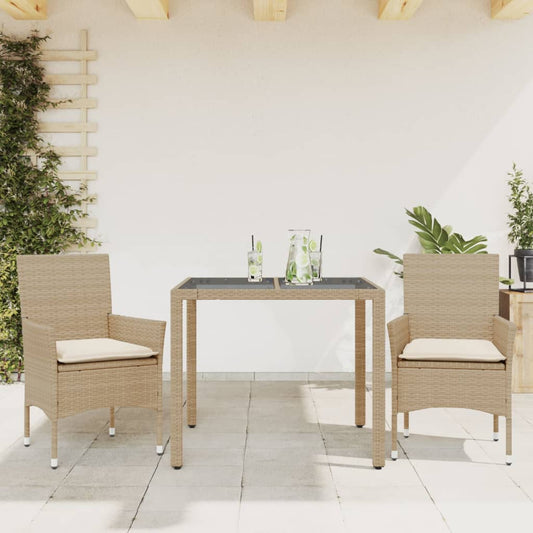 Set da Pranzo da Giardino 3 pz con Cuscini Polyrattan e Vetro - homemem39