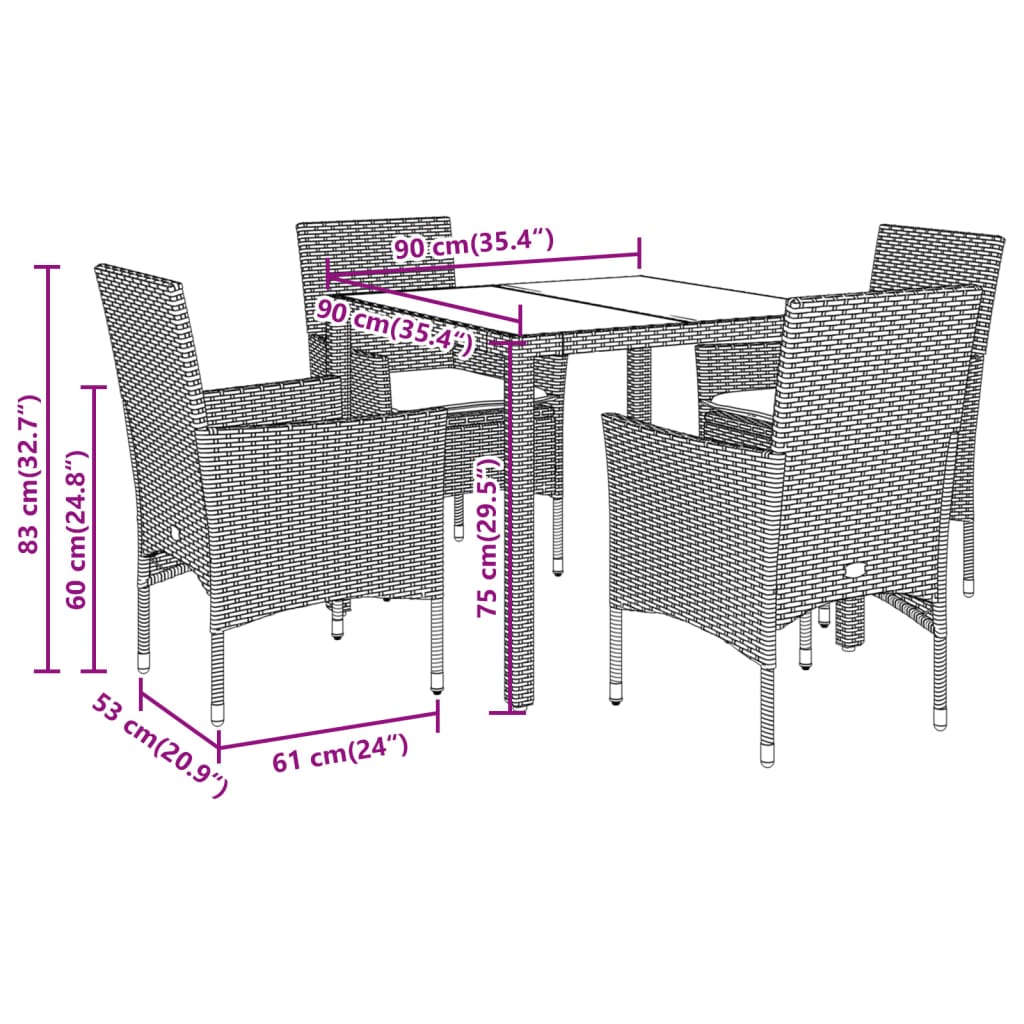 Set da Pranzo da Giardino 5 pz con Cuscini Polyrattan e Vetro - homemem39