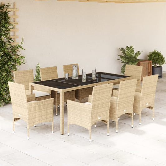 Set da Pranzo da Giardino 9 pz con Cuscini Polyrattan e Vetro