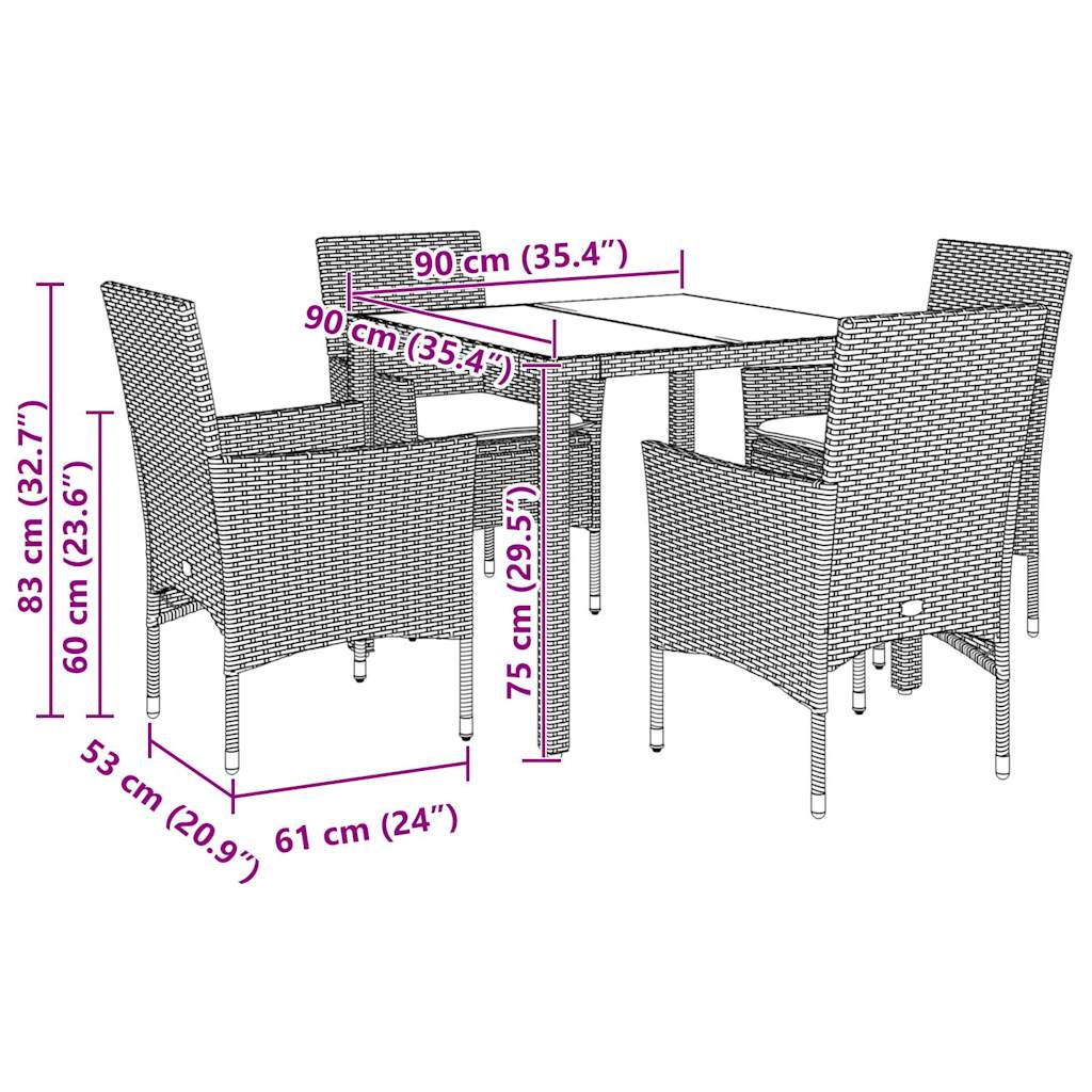 Set Pranzo da Giardino 5pz con Cuscini Polyrattan e Vetro | homemem39