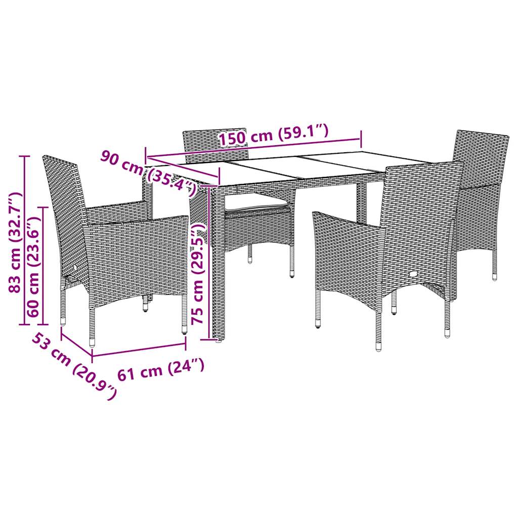 Set Pranzo da Giardino 5pz con Cuscini Polyrattan e Vetro | homemem39
