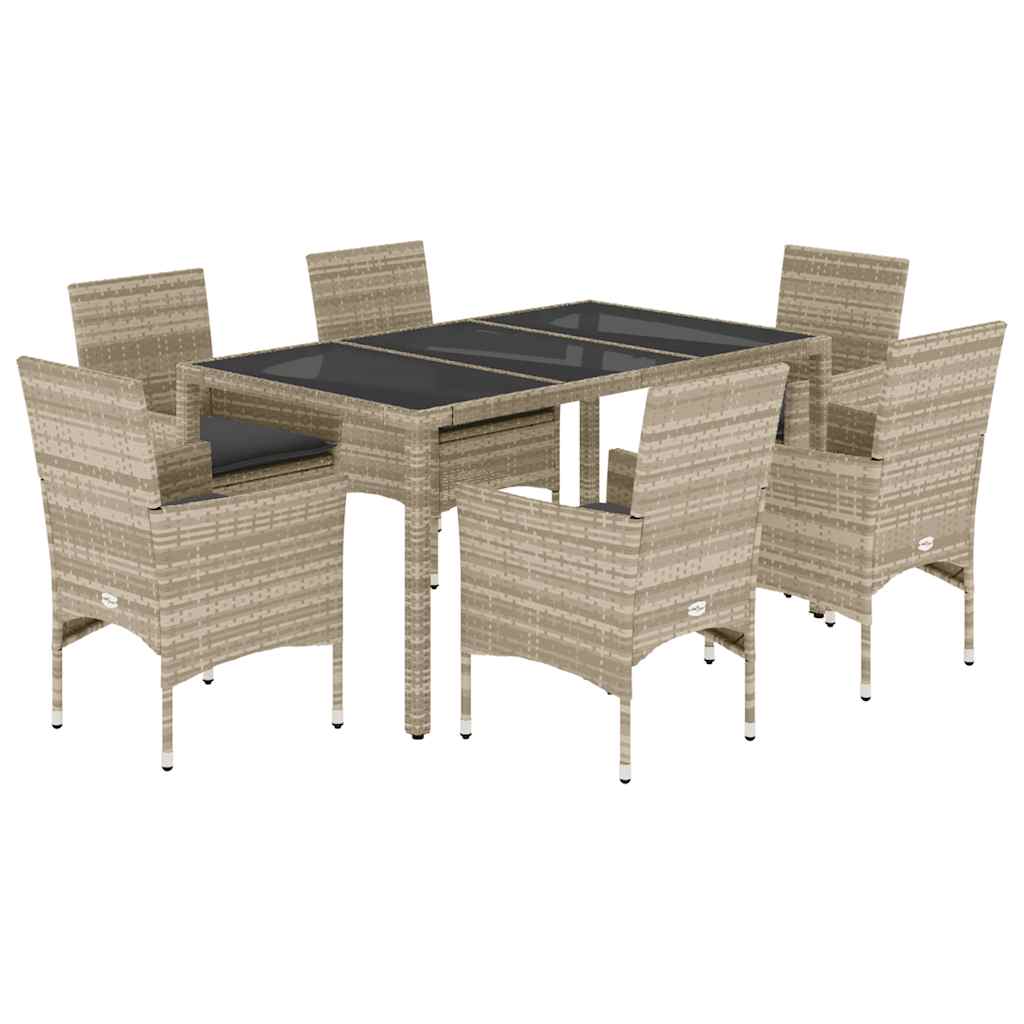 Set Pranzo Giardino 7 pz Cuscini Grigio Chiaro Polyrattan Vetro - homemem39