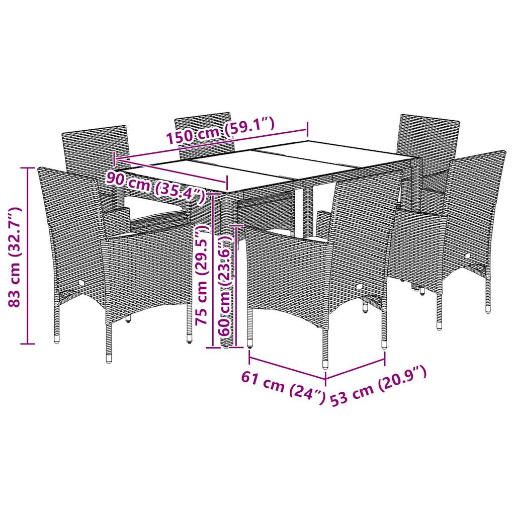 Set Pranzo Giardino 7 pz Cuscini Grigio Chiaro Polyrattan Vetro | homemem39