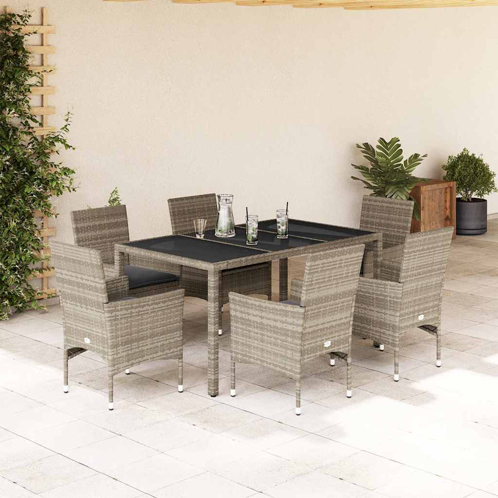 Set Pranzo Giardino 7 pz Cuscini Grigio Chiaro Polyrattan Vetro - homemem39
