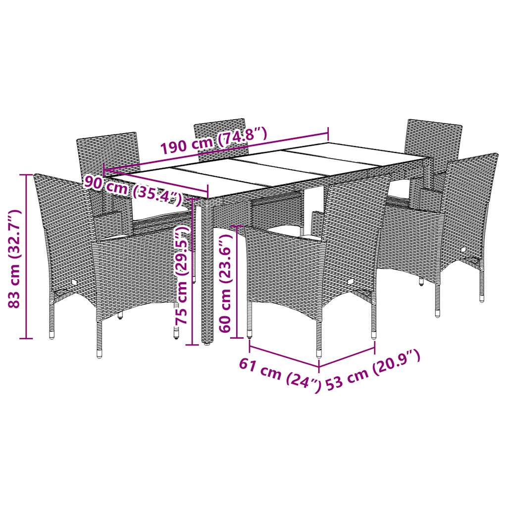 Set Pranzo Giardino 7 pz Cuscini Grigio Chiaro Polyrattan Vetro - homemem39