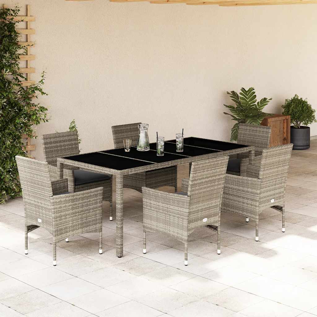 Set Pranzo Giardino 7 pz Cuscini Grigio Chiaro Polyrattan Vetro | homemem39