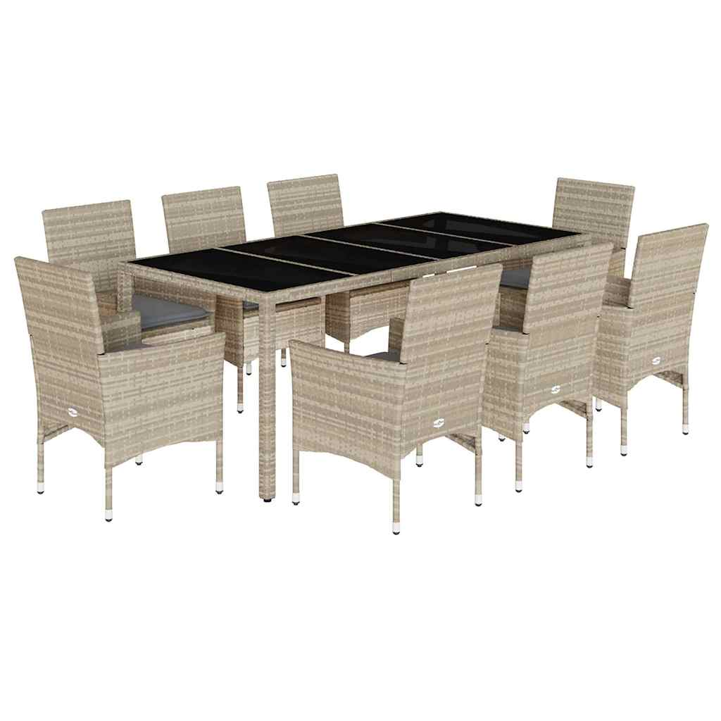 Set Pranzo Giardino 9 pz Cuscini Grigio Chiaro Polyrattan Vetro - homemem39