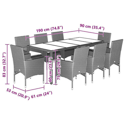 Set Pranzo Giardino 9 pz Cuscini Grigio Chiaro Polyrattan Vetro | homemem39