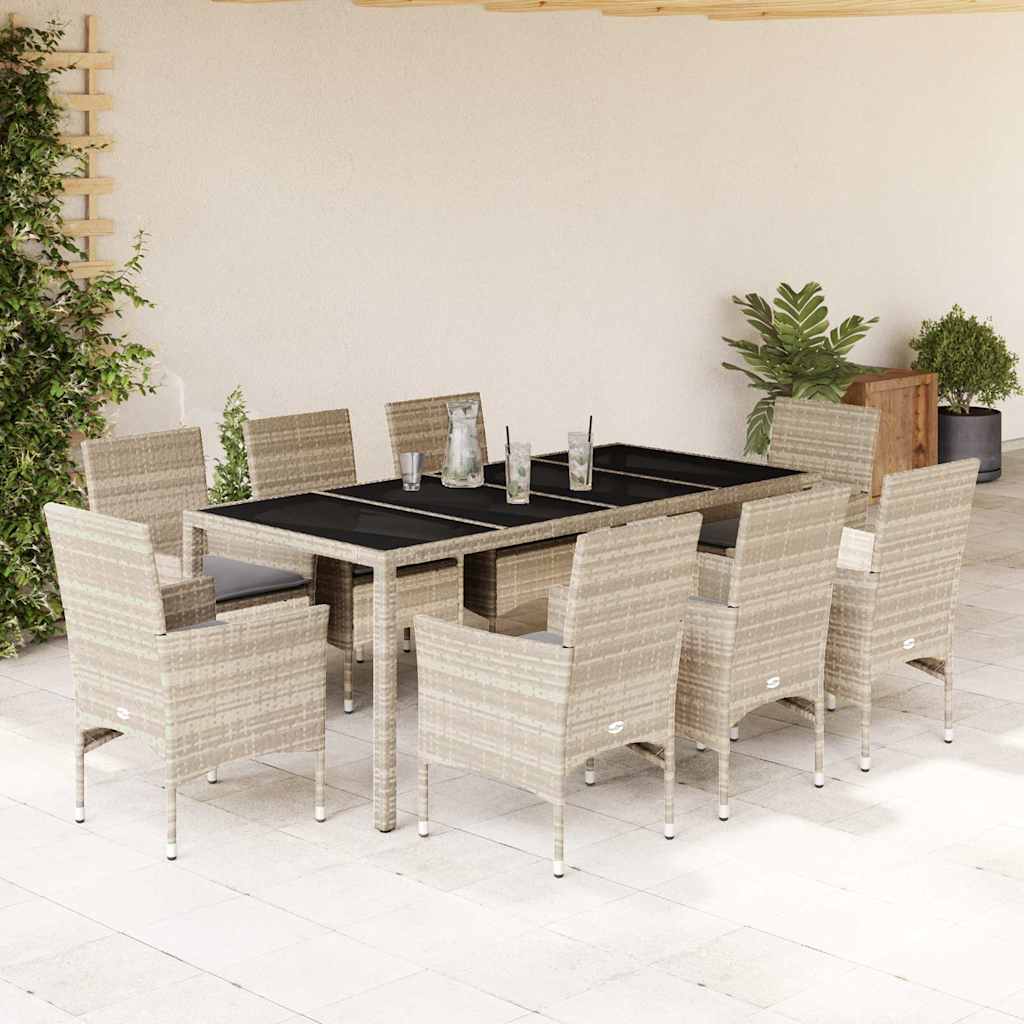 Set Pranzo Giardino 9 pz Cuscini Grigio Chiaro Polyrattan Vetro | homemem39