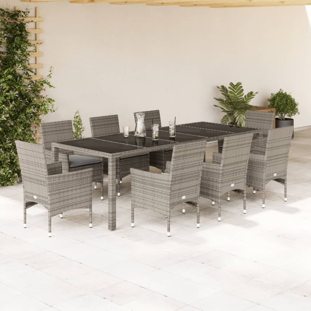 Set da Pranzo da Giardino 9 pz con Cuscini Polyrattan e Vetro | homemem39