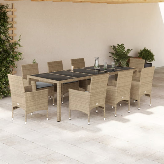 Set da Pranzo da Giardino 9 pz con Cuscini Polyrattan e Vetro - homemem39