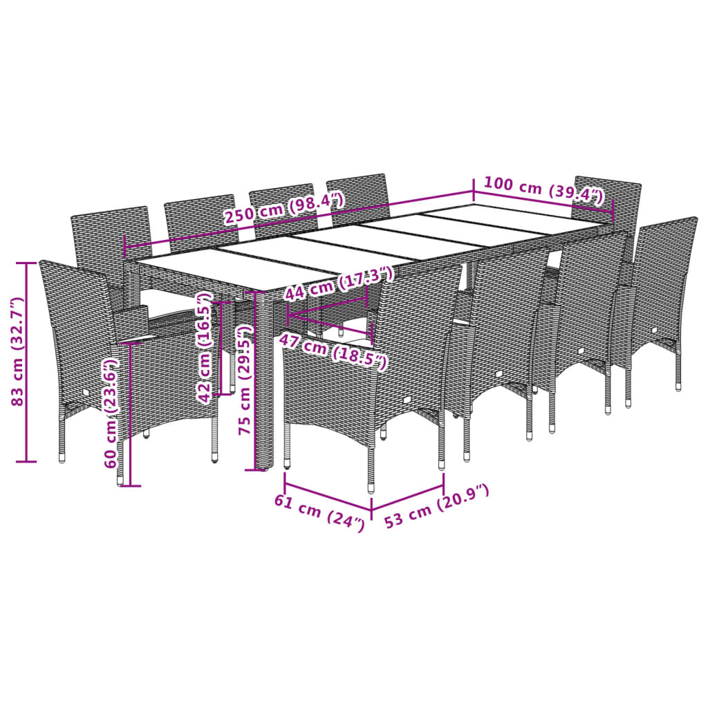 Set da Pranzo da Giardino 11 pz con Cuscini Polyrattan e Vetro | homemem39