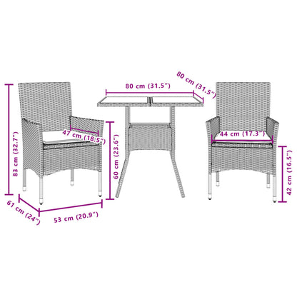 Set da Pranzo da Giardino 3 pz con Cuscini Polyrattan e Vetro | homemem39