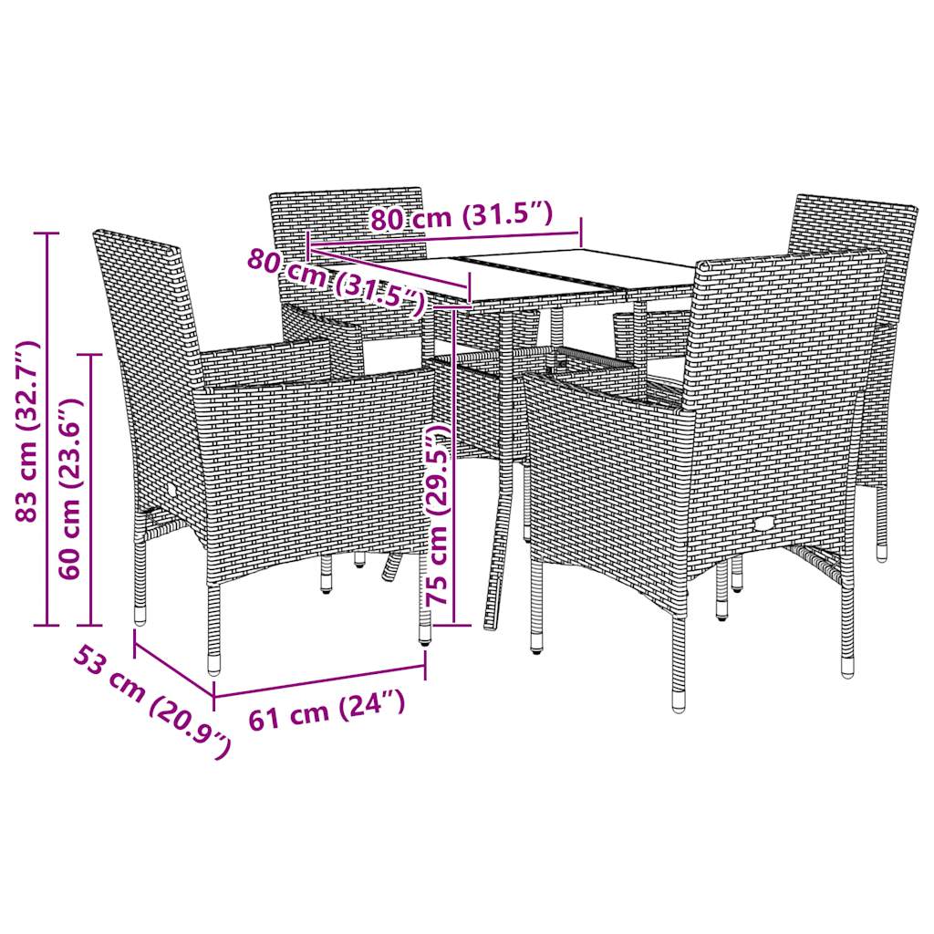 Set da Pranzo da Giardino con Cuscini 5 pz Polyrattan e Vetro - homemem39