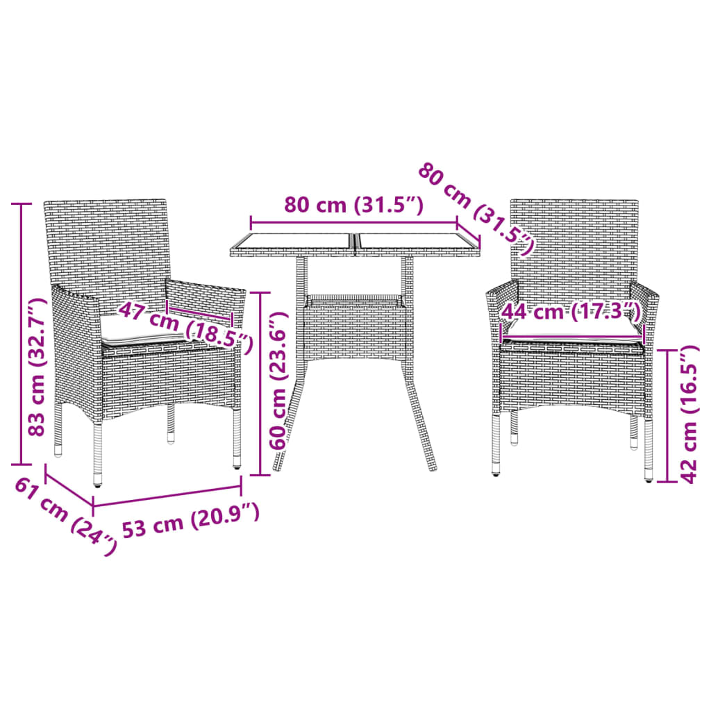 Set da Pranzo da Giardino 3pz con Cuscini in Polyrattan e Vetro | homemem39