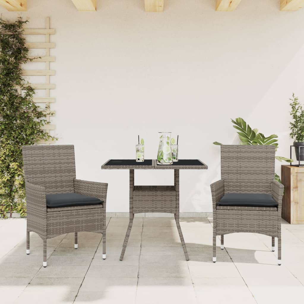 Set da Pranzo da Giardino 3pz con Cuscini in Polyrattan e Vetro | homemem39