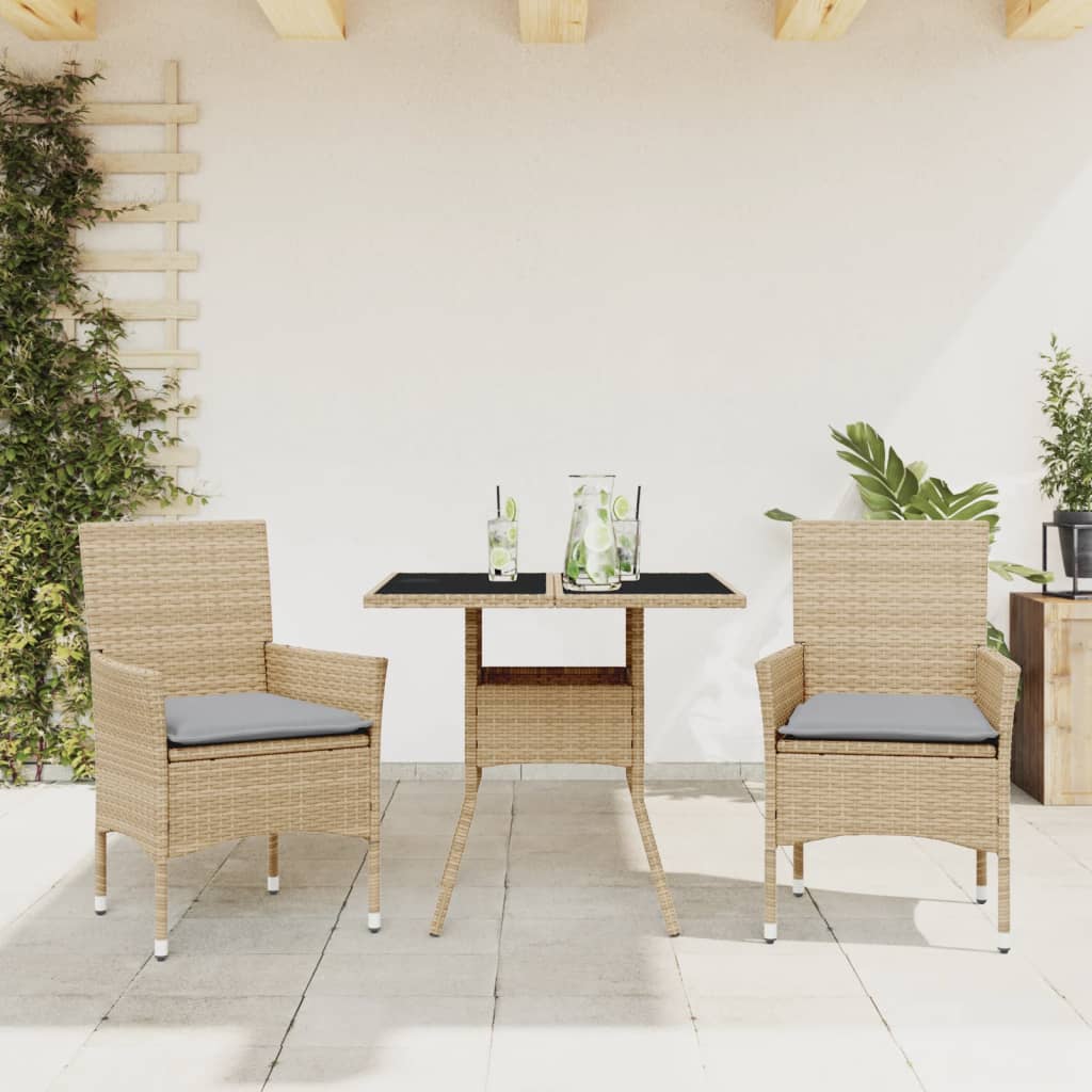 Set da Pranzo da Giardino 3 pz con Cuscini Polyrattan e Vetro - homemem39