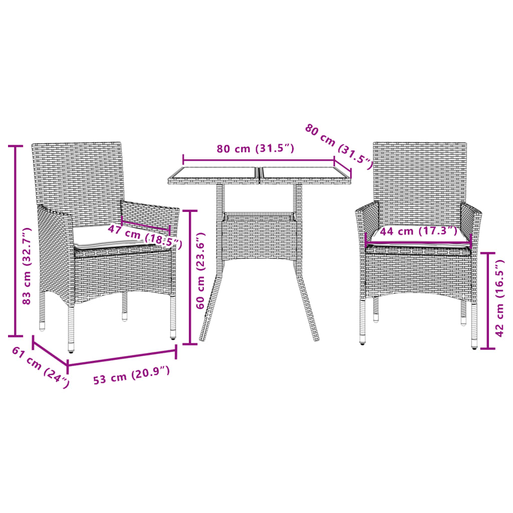 Set Pranzo da Giardino 3pz con Cuscini Polyrattan e Vetro | homemem39