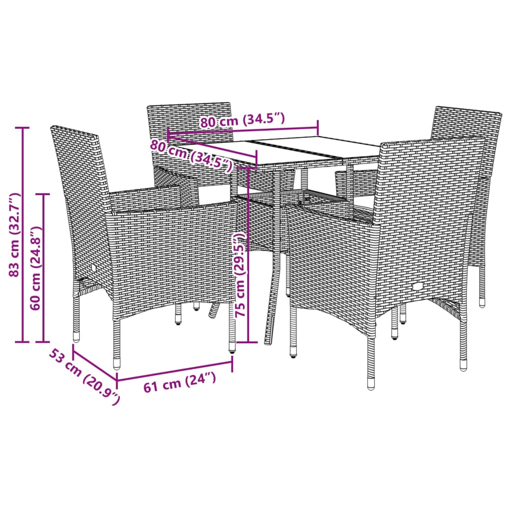 Set Pranzo da Giardino 5pz con Cuscini Polyrattan e Vetro - homemem39