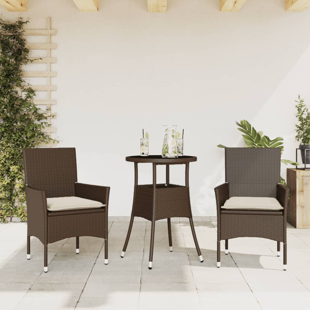 Set da Pranzo da Giardino 3pz con Cuscini Polyrattan e Vetro - homemem39