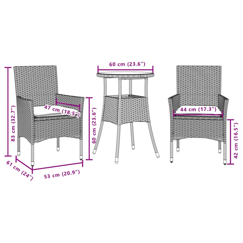 Set da Pranzo da Giardino 3 pz con Cuscini Polyrattan e Vetro | homemem39