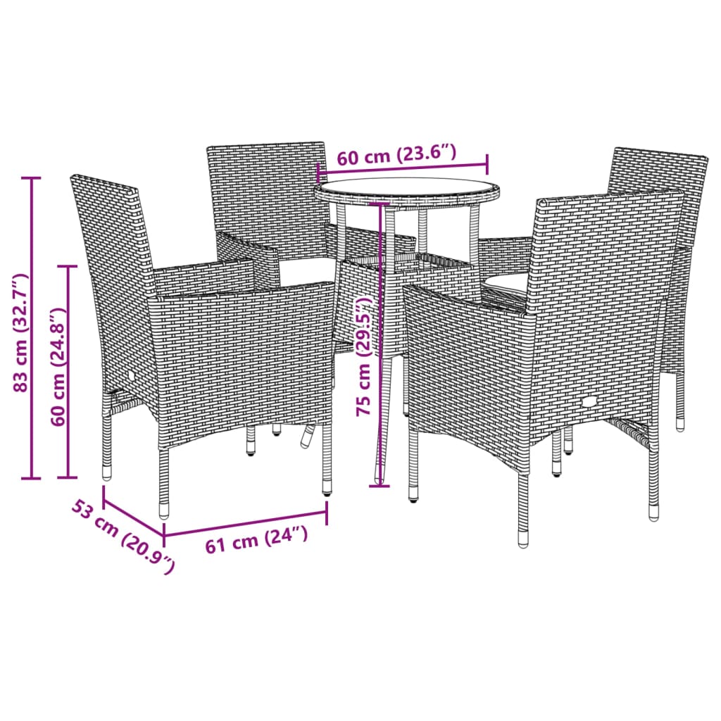 Set da Pranzo da Giardino 5 pz con Cuscini Polyrattan e Vetro