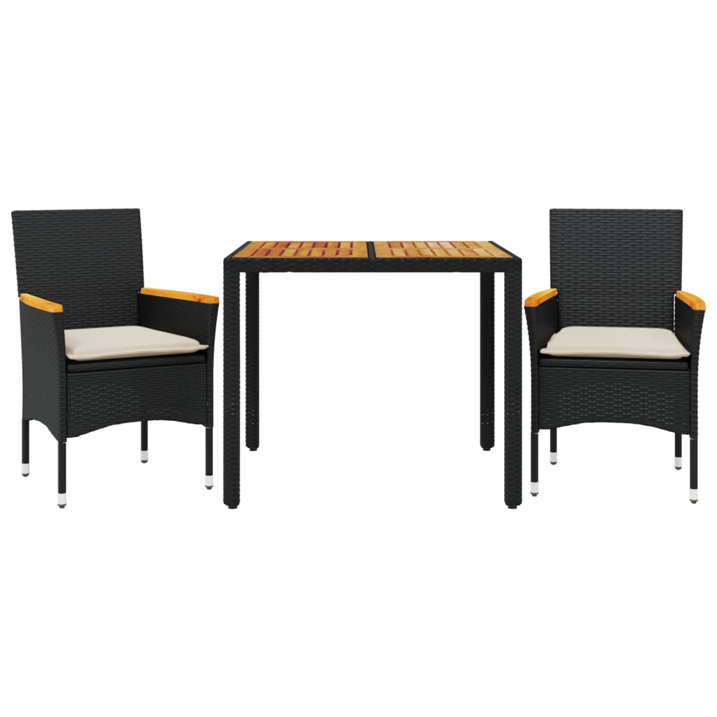 Set Pranzo da Giardino 3 pz con Cuscini Nero Polyrattan Acacia | homemem39