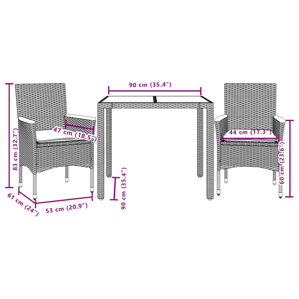 Set Pranzo da Giardino 3 pz con Cuscini Nero Polyrattan Acacia | homemem39