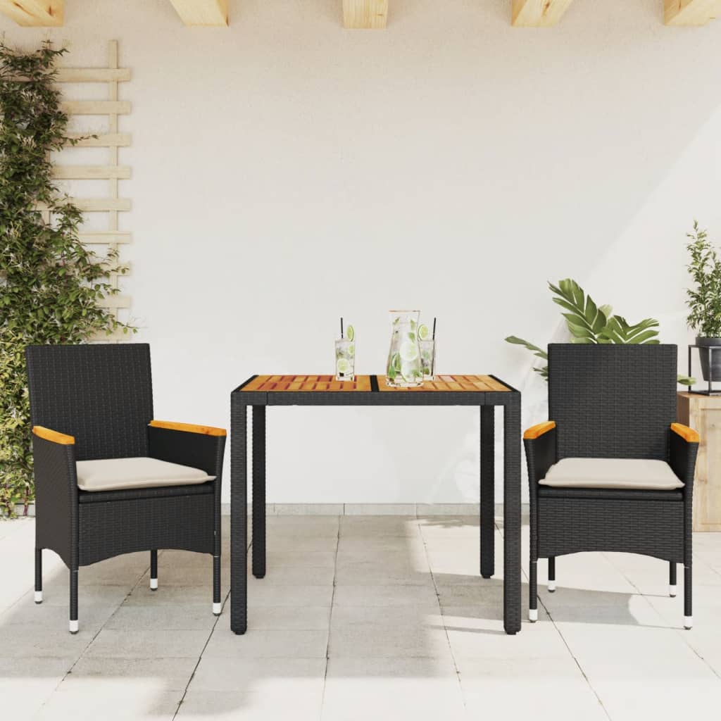 Set Pranzo da Giardino 3 pz con Cuscini Nero Polyrattan Acacia | homemem39