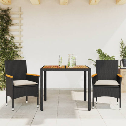 Set Pranzo da Giardino 3 pz con Cuscini Nero Polyrattan Acacia | homemem39
