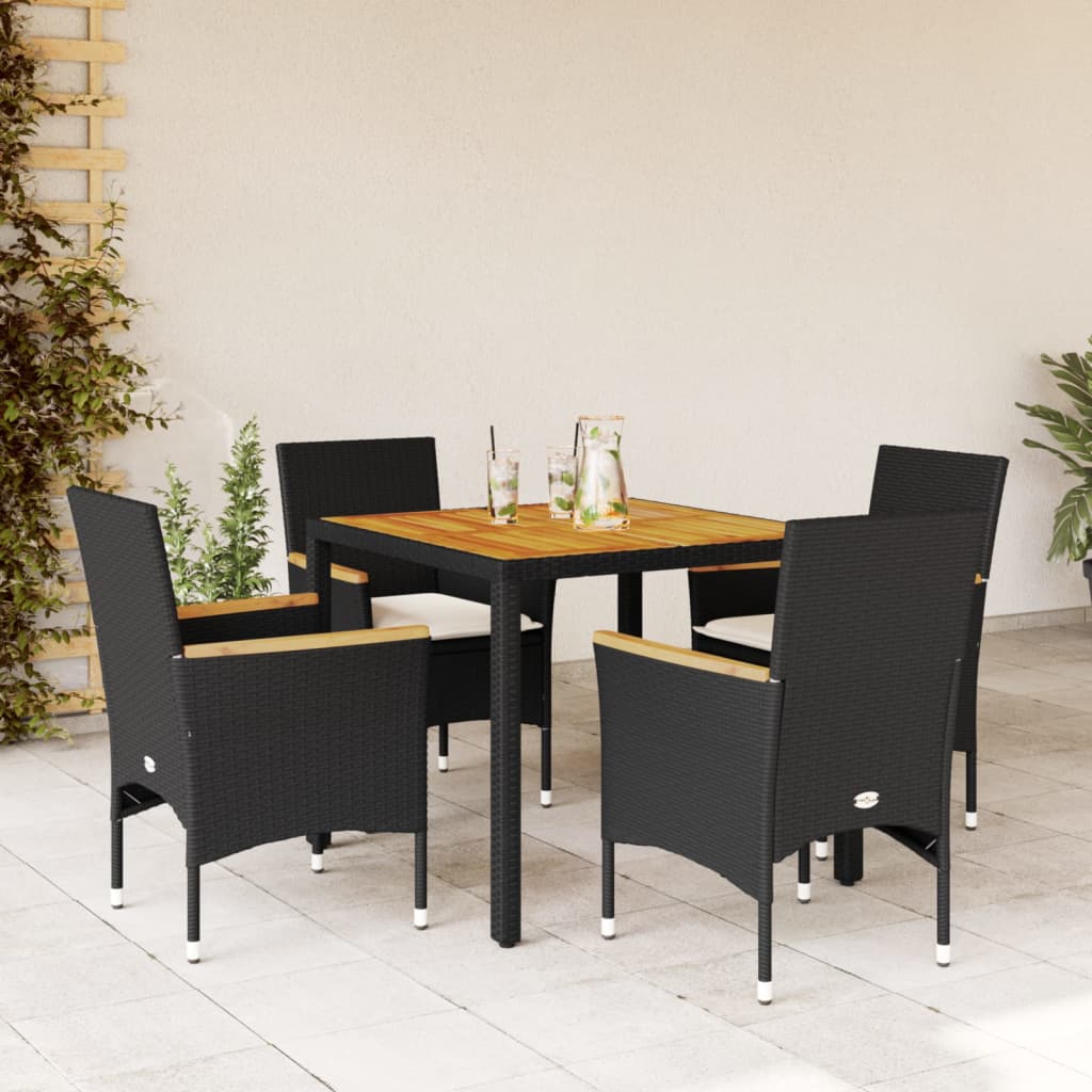 Set Pranzo da Giardino 5 pz con Cuscini Nero Polyrattan Acacia | homemem39