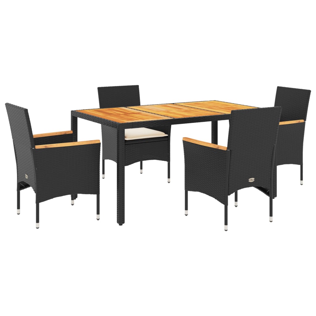 Set Pranzo da Giardino 5 pz con Cuscini Nero Polyrattan Acacia | homemem39