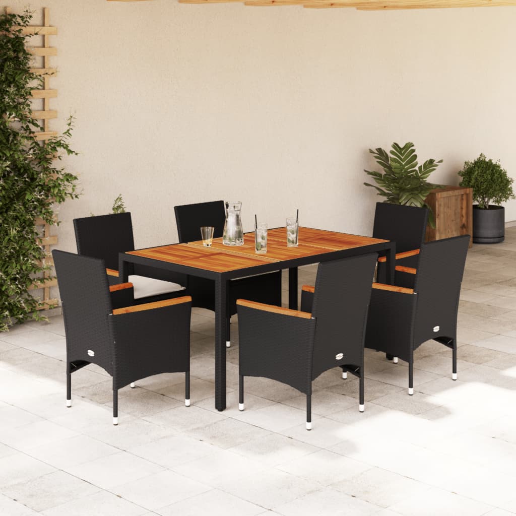 Set Pranzo da Giardino 7 pz Nero con Cuscini Polyrattan Acacia | homemem39
