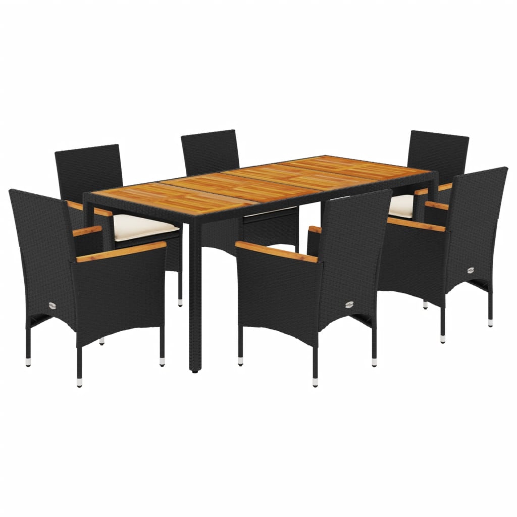 Set Pranzo da Giardino 7 pz Nero con Cuscini Polyrattan Acacia - homemem39
