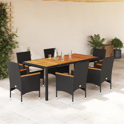 Set Pranzo da Giardino 7 pz Nero con Cuscini Polyrattan Acacia - homemem39