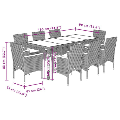 Set Pranzo da Giardino 9 pz con Cuscini Nero Polyrattan Acacia | homemem39
